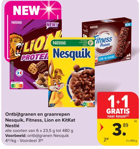 Promotie: Ontbijtgranen en graanrepen Nesquik, Fitness, Lion en KitKat