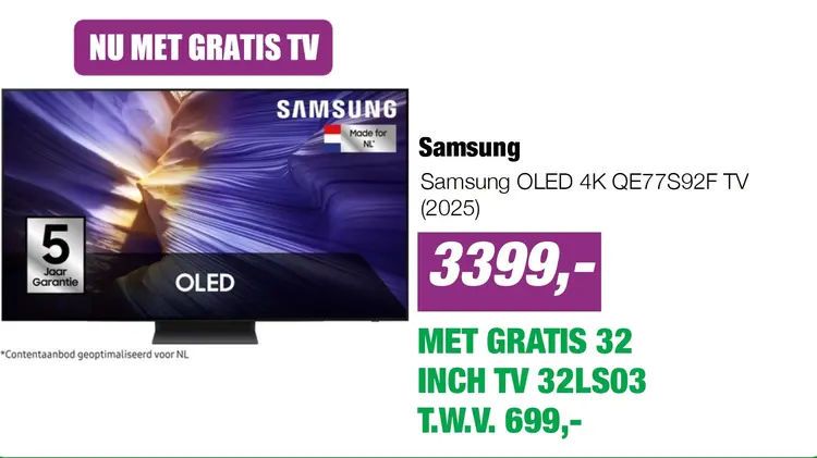 Aanbieding: Samsung OLED 4K QE77S92F TV (2025)