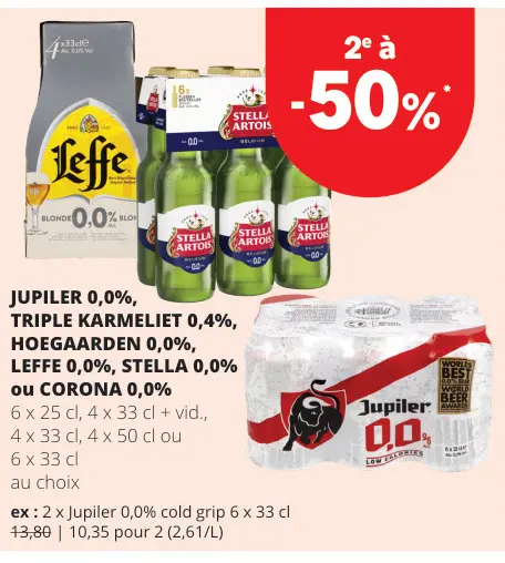Offre: Jupiler 0,0%, Triple Karmeliet 0,4%, Hoegaarden, Leffe, Stella ou Corono 0.0%