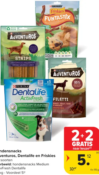 Promotie: Hondensnacks Adventuros, Dentalife en Friskies