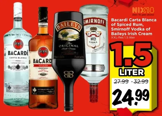 Aanbieding: Bacardi Carta Blanca of Spiced Rum, Smirnoff Vodka of Baileys Irish Cream