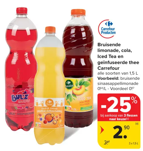 Promotie: Bruisende limonade, cola, Iced Tea en geïnfuseerde thee Carrefour