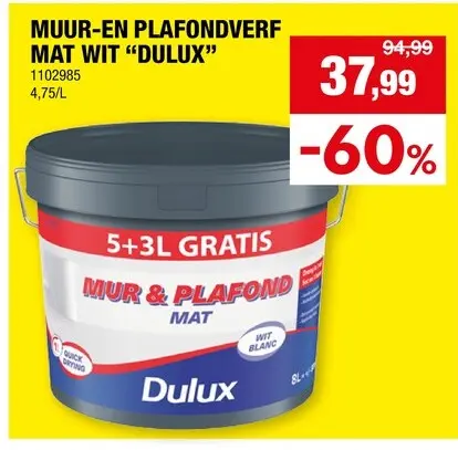 Promotie: Muur-en plafondverf mat wit "Dulux"