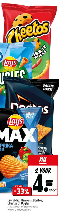 Aanbieding: Lay's Max, Hamka's, Doritos, Cheetos of Bugles