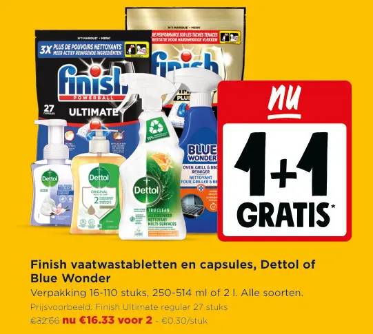 Promotie: Finish vaatwastabletten en capsules, Dettol of Blue Wonder
