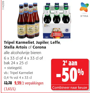 Promotie: Tripel Karmeliet, Jupiler, Leffe, Stella Artois of Corona