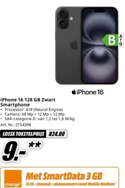 Promotie: iPhone 16 128 GB Zwart Smartphone