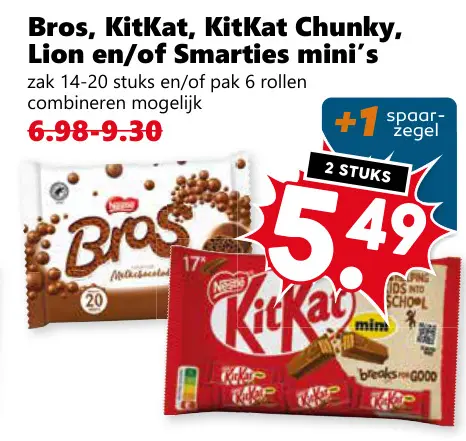 Aanbieding: Bros, KitKat, KitKat Chunky, Lion en/of Smartues mini's