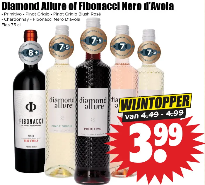 Aanbieding: Diamond Allure & Fibonacci Primitivo, Pinot Grigio, Pinot Grigio Blush Rosé, Chardonnay of Fibonacci Nero D'avola