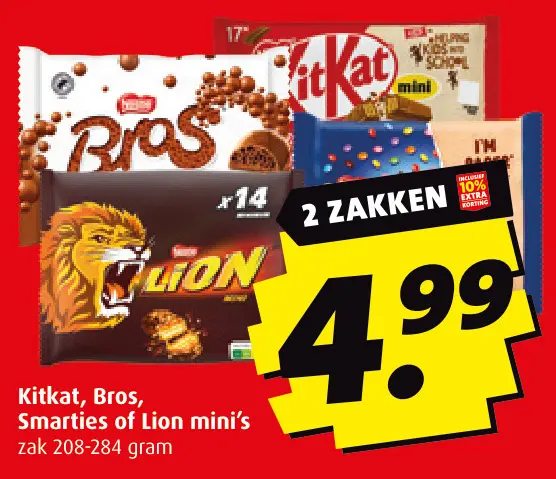 Aanbieding: Kitkat, Bros, Smarties of Lion mini's
