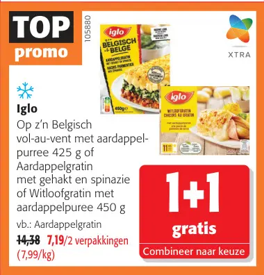 Promotie: Vol-au-vent met aardappelpuree, aardappelgratin met gehakt en spinazie of witloofgratin met aardappelpuree