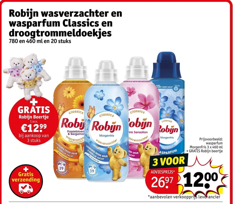 Aanbieding: Robijn wasverzachter en wasparfum Classics en droogtrommeldoekjes