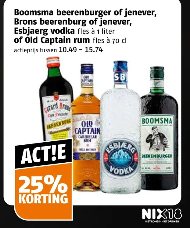 Aanbieding: Boomsma beerenburger of jenever, Brons beerenburg of Jenever, Esbjaerg vodka of Old Captain rum