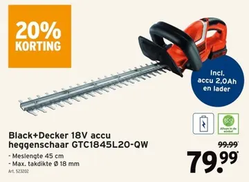 Aanbieding: Black+Decker 18V accu heggenschaar GTC1845L20-QW