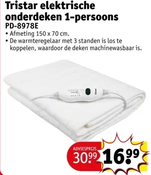 Aanbieding: Tristar elektrische onderdeken 1-persoons