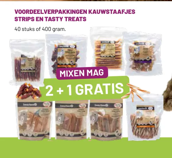 Aanbieding: Voordeelverpakkingen kauwstaafjes strips en tasty treats