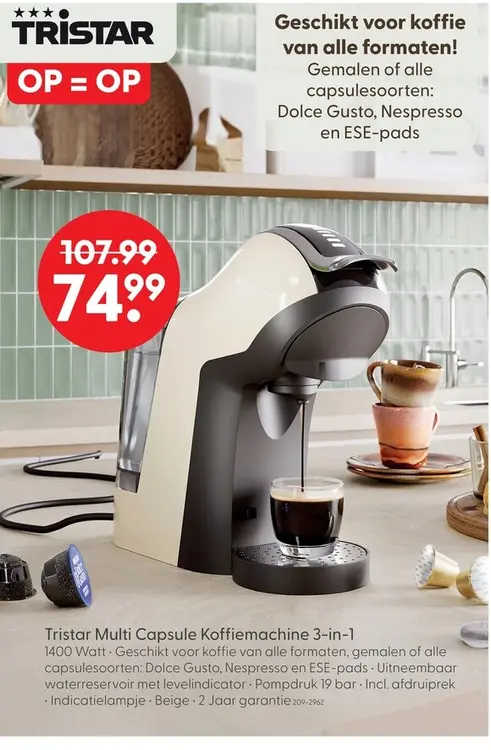 Aanbieding: Tristar multi capsule koffiemachine 3 in 1