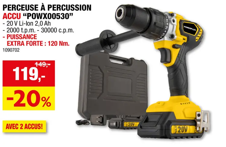 Offre: Powerplus POWX00530 perceuse à  percussion sans fil 20V Li-Ion + 2 batteries + chargeur