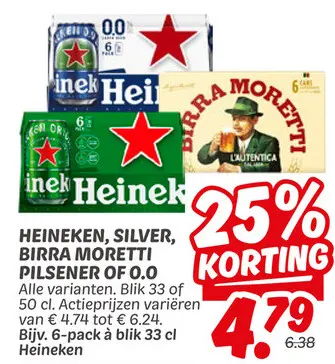 Aanbieding: Heineken, silver, Birra Moretti pilsener of 0
