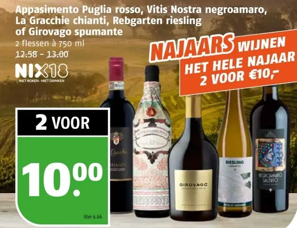 Aanbieding: Appasimento Puglia rosso, Vitis Nostra negroamaro La Gracchie cianti, Rebgarten riesling of Girovago spumante