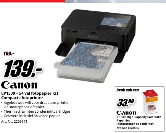 Promotie: Canon CP1500 + 54 vel fotopapier KIT Compacte fotoprinter