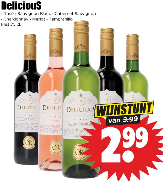 Aanbieding: Delicious Rosé, Sauvignon Blanc, Cabernet Sauvignon, Chardonnay, Merlot of Tempranillo