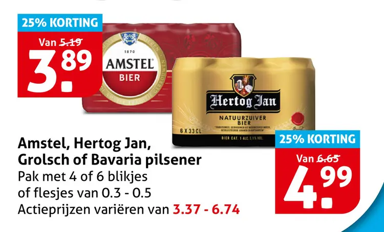 Aanbieding: Amstel, Hertog Jan, Grolsch of Bavaria pilsen