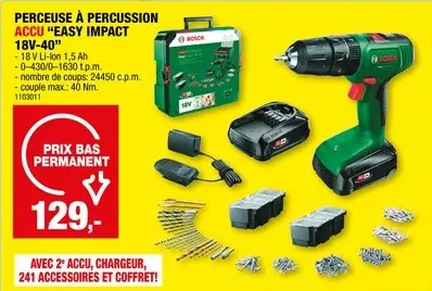 Offre: Bosch EasyImpact 18V-40 perceuse-visseuse à  percussion sans fil 18V Li-Ion avec 2 batteries + chargeur + 241 accessoires + SystemBox