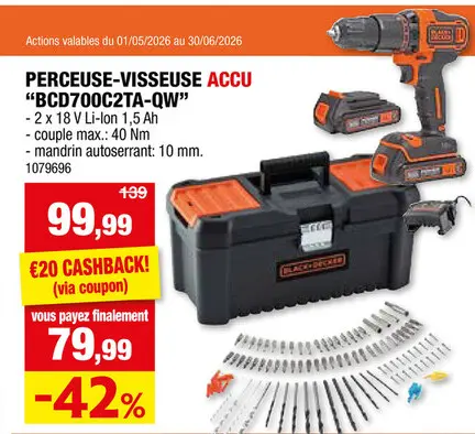 Offre: Black+Decker BCD700C2TA-QW perceuse-visseuse à  percussion sans fil 2x18 V Li-Ion + 2 batteries + chargeur + 105 accessoires
