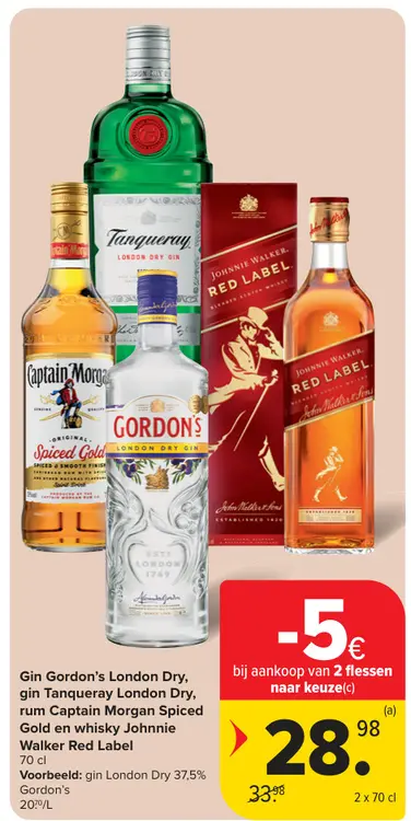 Promotie: Gin Gordon's London Dry, gin Tanqueray London Dry, rum Captain Morgan Spiced Gold en whisky Johnnie Walker Red Label