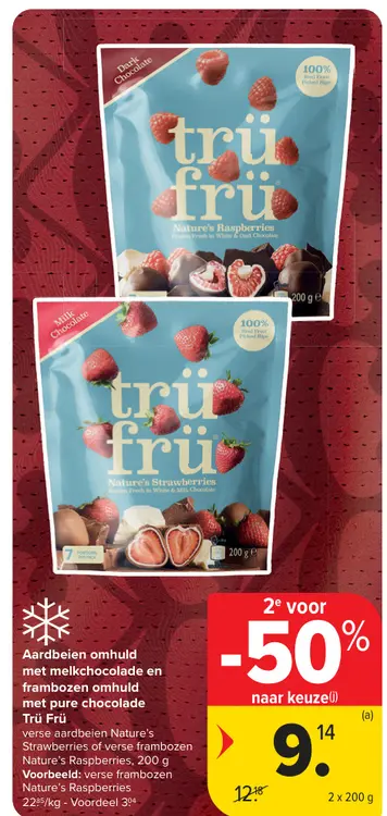 Promotie: Aardbeien omhuld met melkchocolade en frambozen omhuld met pure chocolade