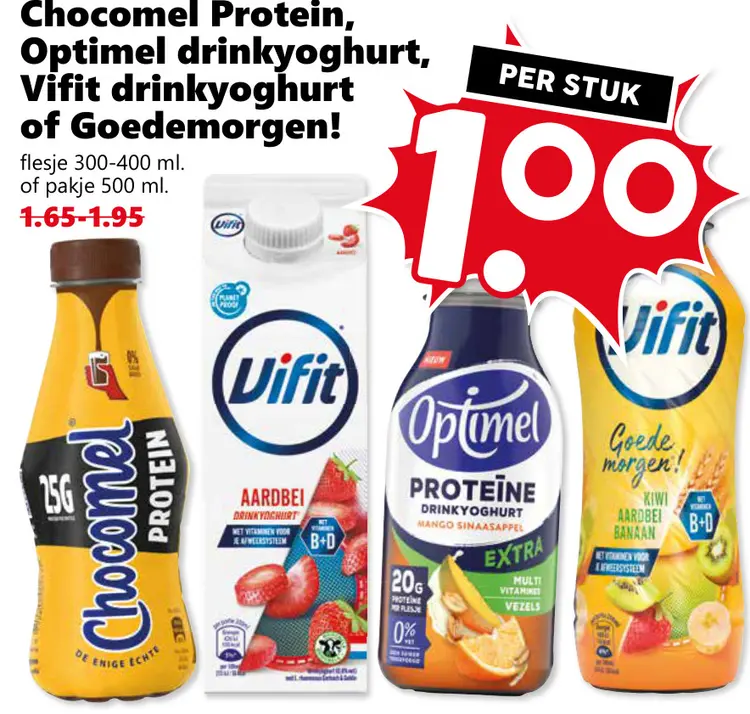 Aanbieding: Chocomel Protein, Optimel drinkyoghurt, Vifit of Goedemorgen
