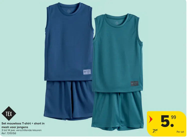 Promotie: Set mouwloos T-shirt + short in mesh voor jongens