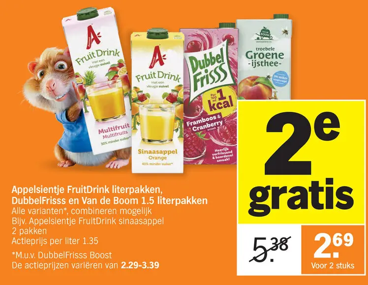 Promotie: FruitDrink literpakken, DubbelFrisss en Van de Boom
