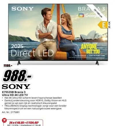 Promotie: K75S35B Bravia 3 Ultra HD 4K LED TV