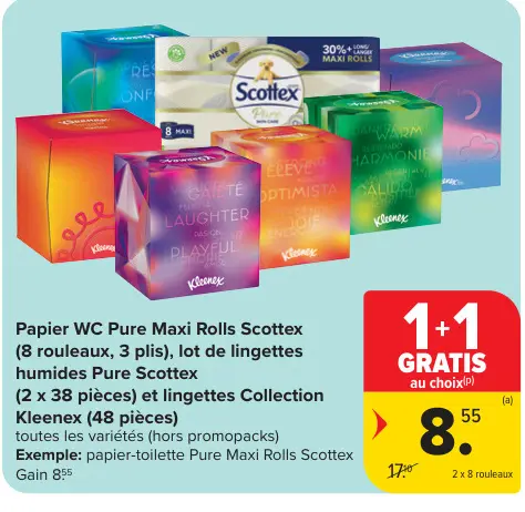 Offre: Papier WC Pure Maxi Rolls Scottex, lot de lingettes humides Pure Scottex et lingettes Collection Kleenex