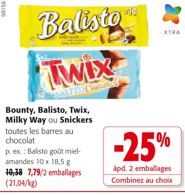 Offre: Bounty, Balisto, Twix, Milky Way ou Snickers