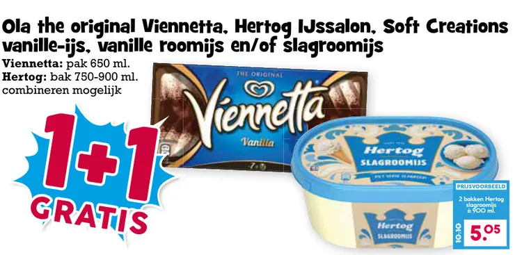 Aanbieding: Ola the original Viennetta, Hertog IJssalon, Soft Creations vanille-ijs, vanille roomijs en/of slagroomijs
