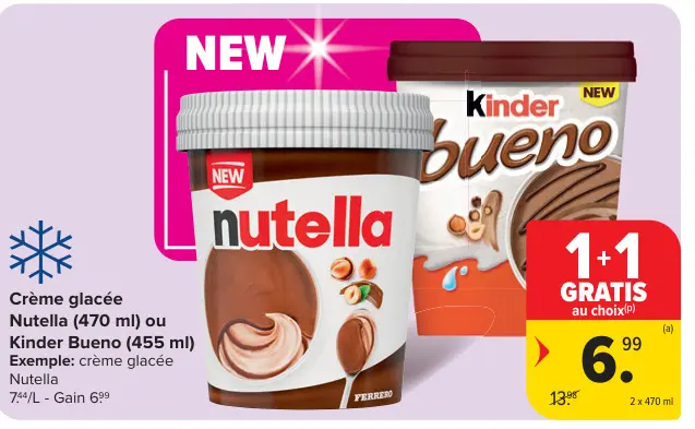 Offre: Crème glacée Nutella ou Kinder Bueno
