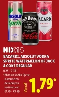 Aanbieding: Bacardi, Absolut Vodka Sprite Watermelon of Jack & Coke Regular