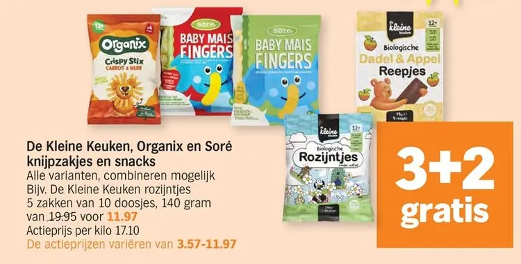 Promotie: De Kleine Keuken, Organix en Soré knijpzakjes en snacks