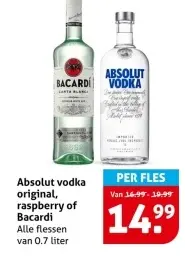 Aanbieding: Absolut vodka original, raspberry of Bacardi