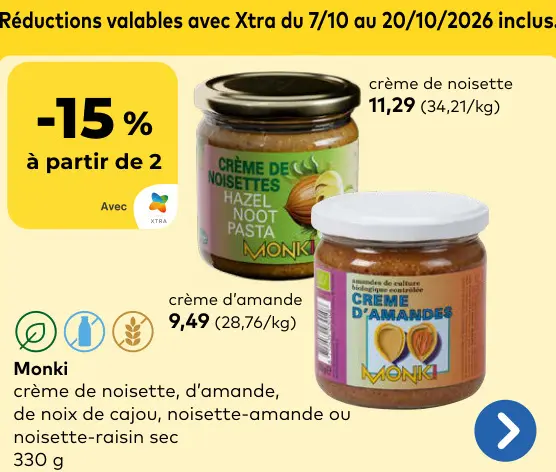 Offre: Crème de noisette, d'amande, de noix de cajou, noisette-amande ou noisette-raisin sec