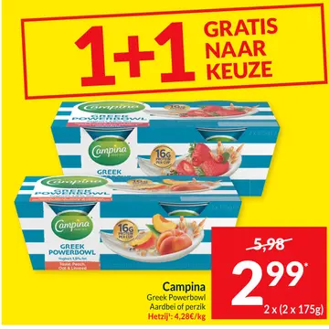 Aanbieding: Campina Greek Powerbowl Aardbei of perzik