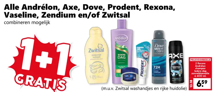 Aanbieding: Alle Andrélon, Axe, Dove, Prodent, Rexona, vaseline, Zendium en/of Zwitsal