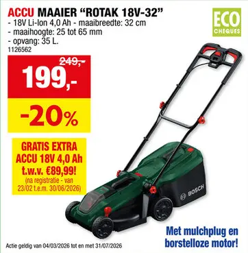 Promotie: Bosch Rotak 18V2-32 accu grasmaaier 18V Li-Ion 32cm + lader