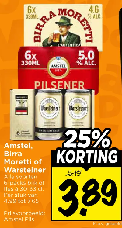 Aanbieding: Amstel, Birra Moretti of Warsteiner