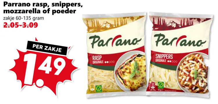 Aanbieding: Parrano rasp, snippers, mozzarella of poeder