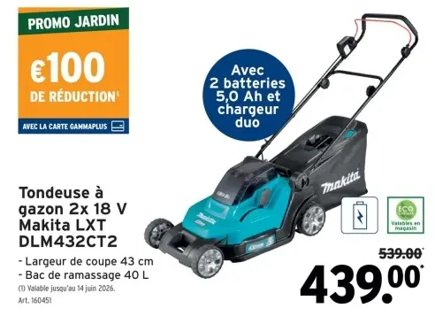 Offre: Tondeuse à gazon 2x 18 V Makita LXT DLM432CT2