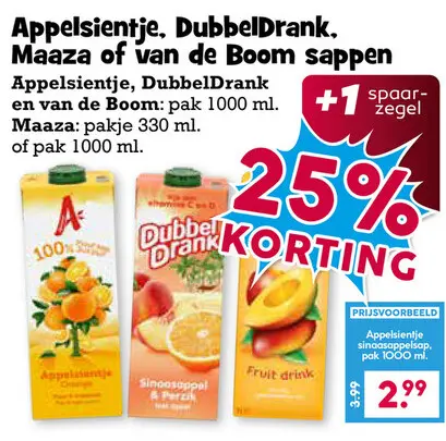 Aanbieding: Appelsientje, DubbelDrank, Maaza of van de Boom sappen